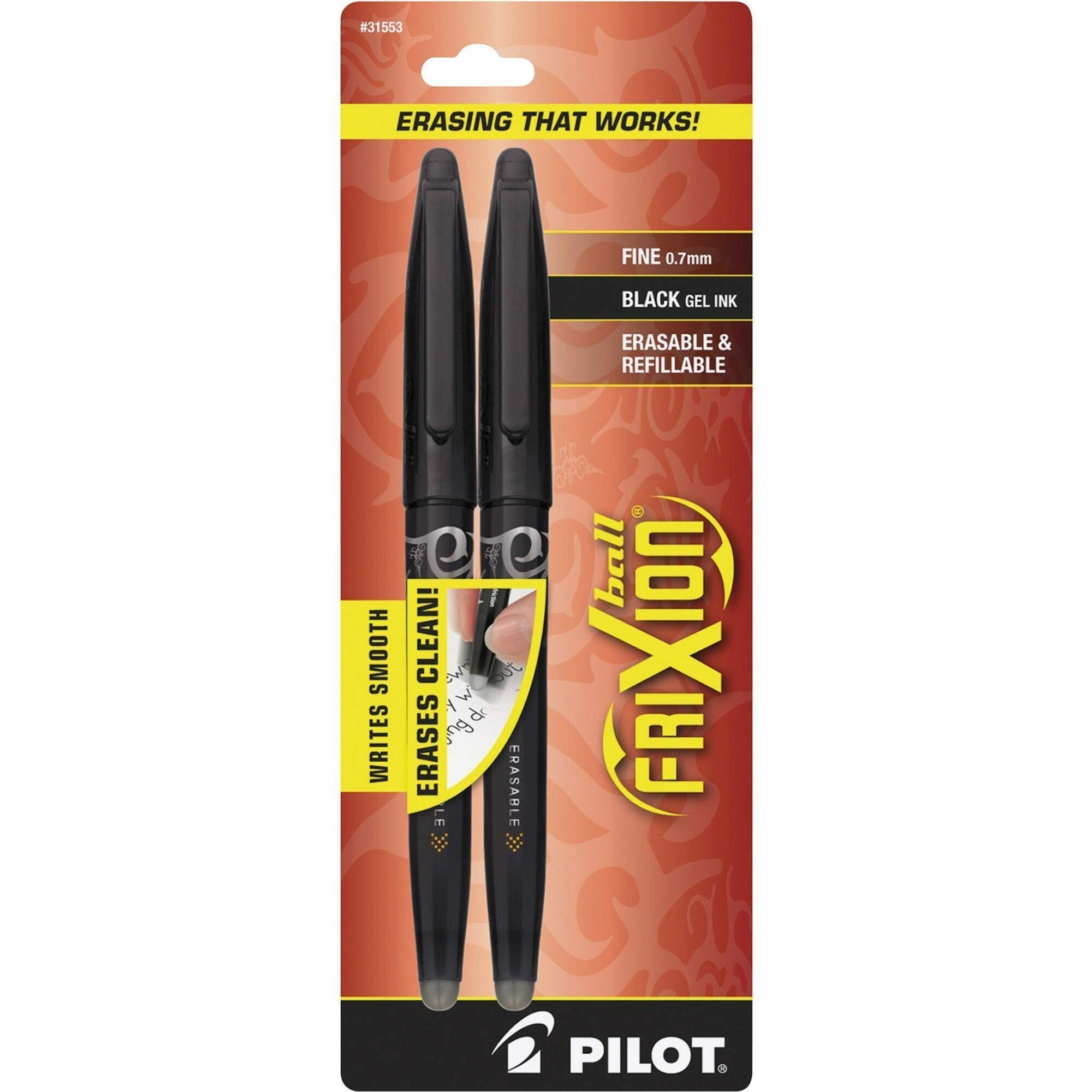 Pilot FriXion Ball Erasable Gel Pens - Fine Pen Point - 0.7 mm Pen Point Size - Black Gel-based Ink - Black Barrel - 2 / Pack