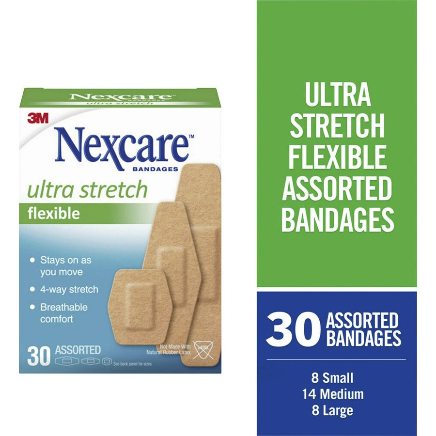 Nexcare Soft 'n Flex Bandages - Assorted Sizes - 0.94" x 1.13" , 1.13" x 3" , 0.88" x 2.25" - 30/Box - 30 Per Box - Tan - Fabric