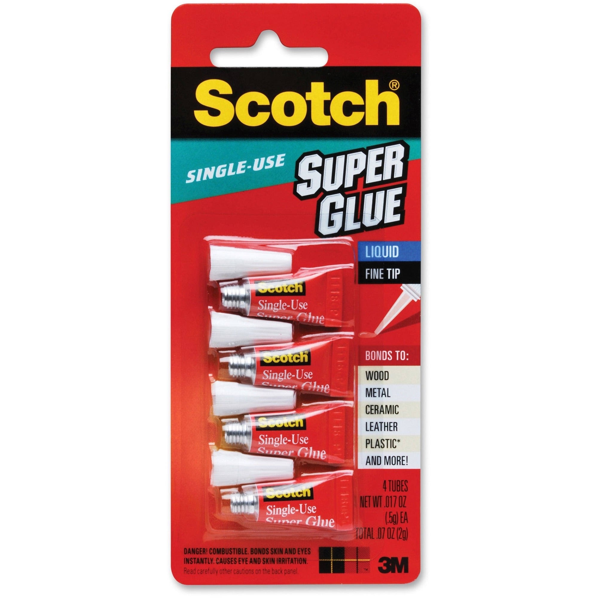 Scotch Super Glue Liquid - 0.05 grams Single-Use Tubes - 0.02 oz - 4 / Pack - Clear - 