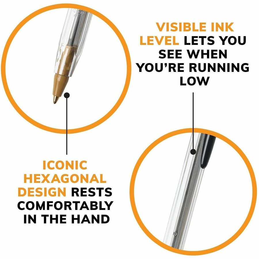 BIC Cristal Ballpoint Stick Pens - Medium Pen Point - Black - Clear Barrel - 10 / Pack
