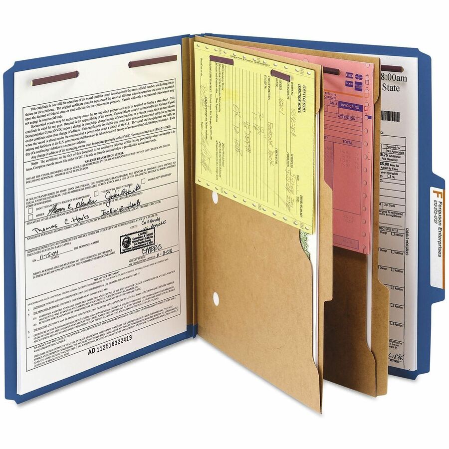 6-Section Pressboard Top Tab Pocket Classification Folders, 6 SafeSHIELD Fasteners, 2 Dividers, Letter Size, Dark Blue, 10/BX