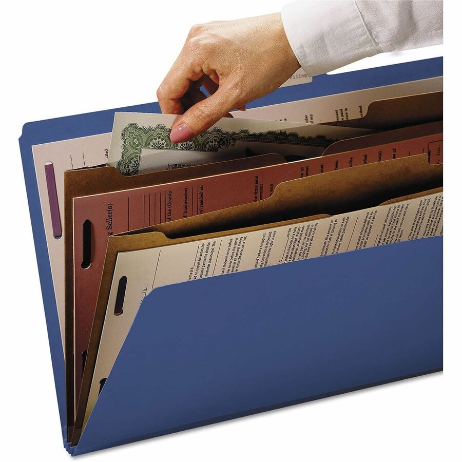 6-Section Pressboard Top Tab Pocket Classification Folders, 6 SafeSHIELD Fasteners, 2 Dividers, Letter Size, Dark Blue, 10/BX