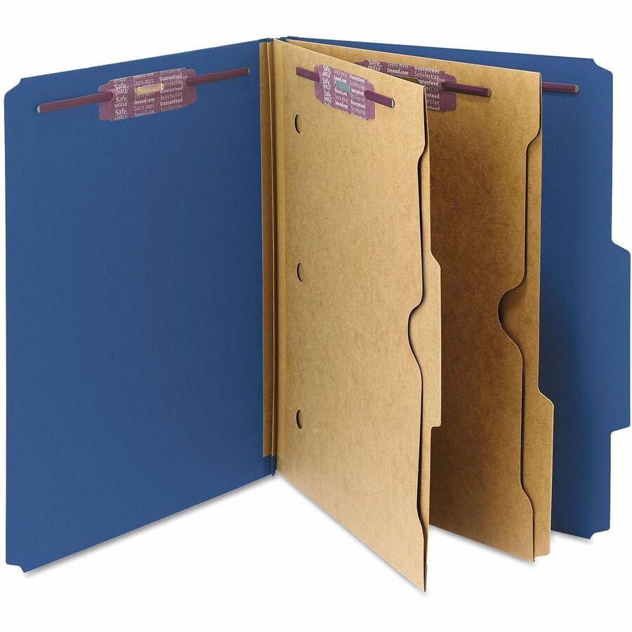 6-Section Pressboard Top Tab Pocket Classification Folders, 6 SafeSHIELD Fasteners, 2 Dividers, Letter Size, Dark Blue, 10/BX