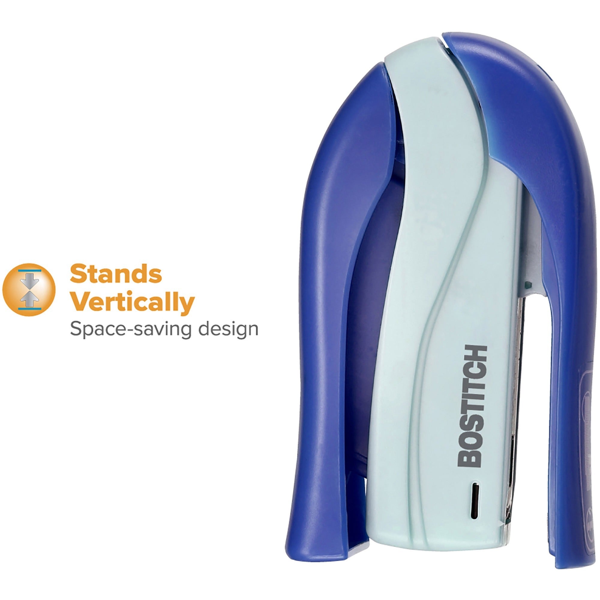 Bostitch Spring-Powered 15 Handheld Compact Stapler - 15 Sheets Capacity - 105 Staple Capacity - Half Strip - 1/4" Staple Size - 1 Each - Blue - 