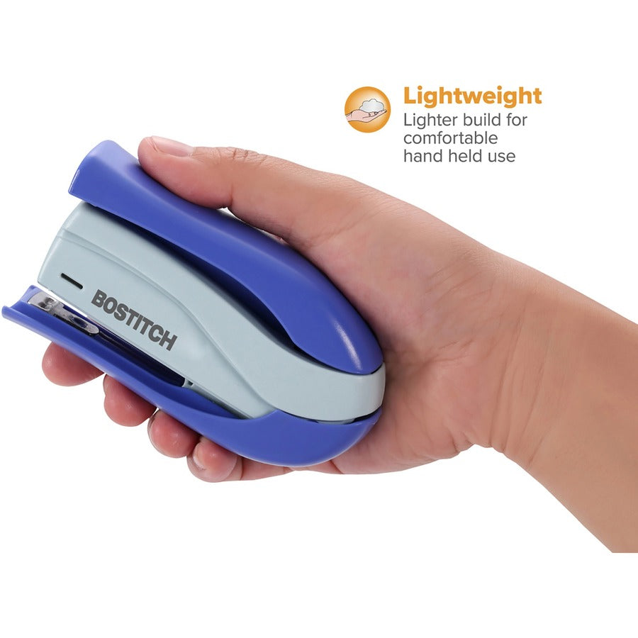 Bostitch Spring-Powered 15 Handheld Compact Stapler - 15 Sheets Capacity - 105 Staple Capacity - Half Strip - 1/4" Staple Size - 1 Each - Blue - 