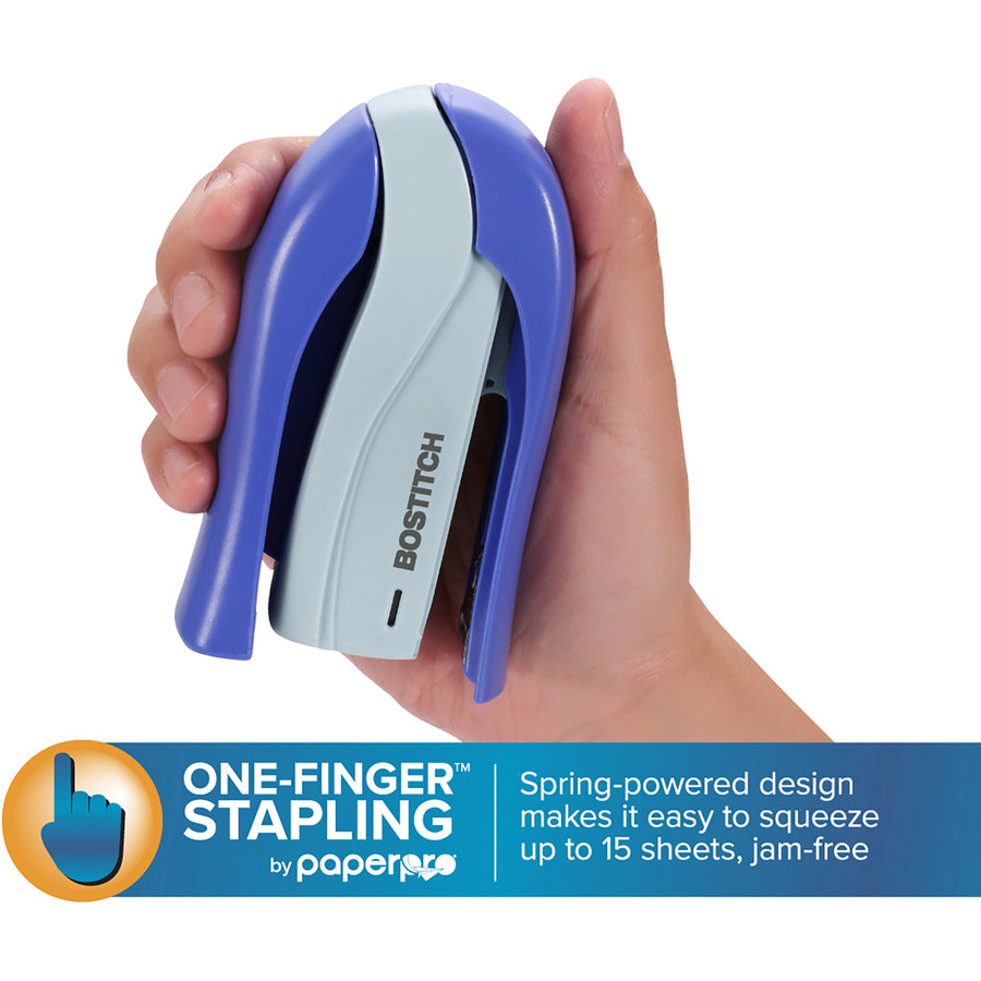 Bostitch Spring-Powered 15 Handheld Compact Stapler - 15 Sheets Capacity - 105 Staple Capacity - Half Strip - 1/4" Staple Size - 1 Each - Blue - 