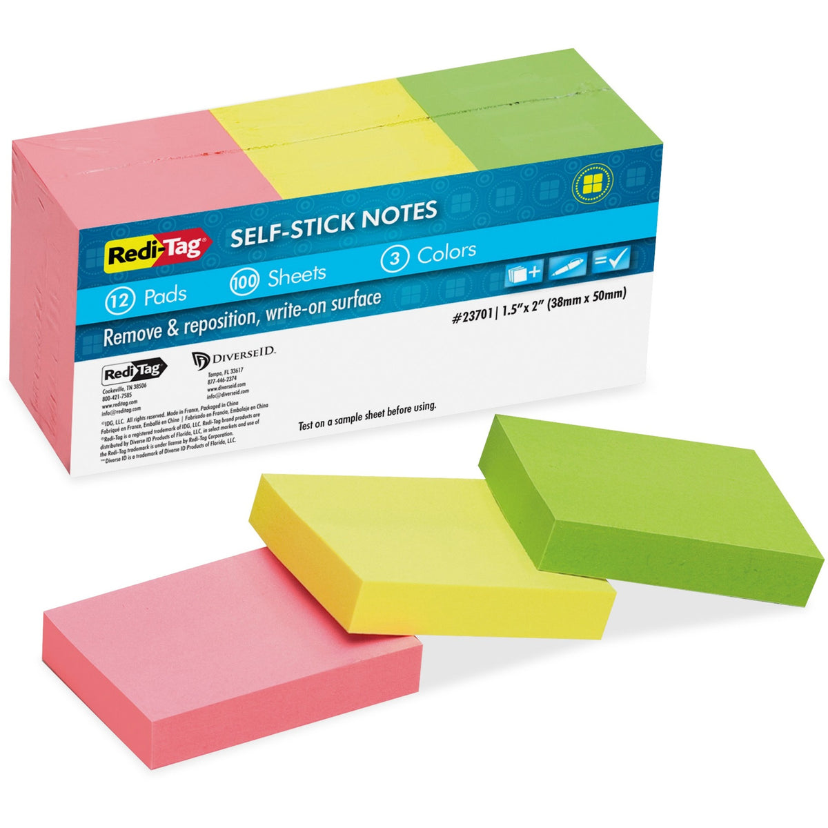 Self-Stick Notes, 1.5" x 2", Assorted Neon Colors, 100 Sheets/Pad, 12 Pads/Pack
