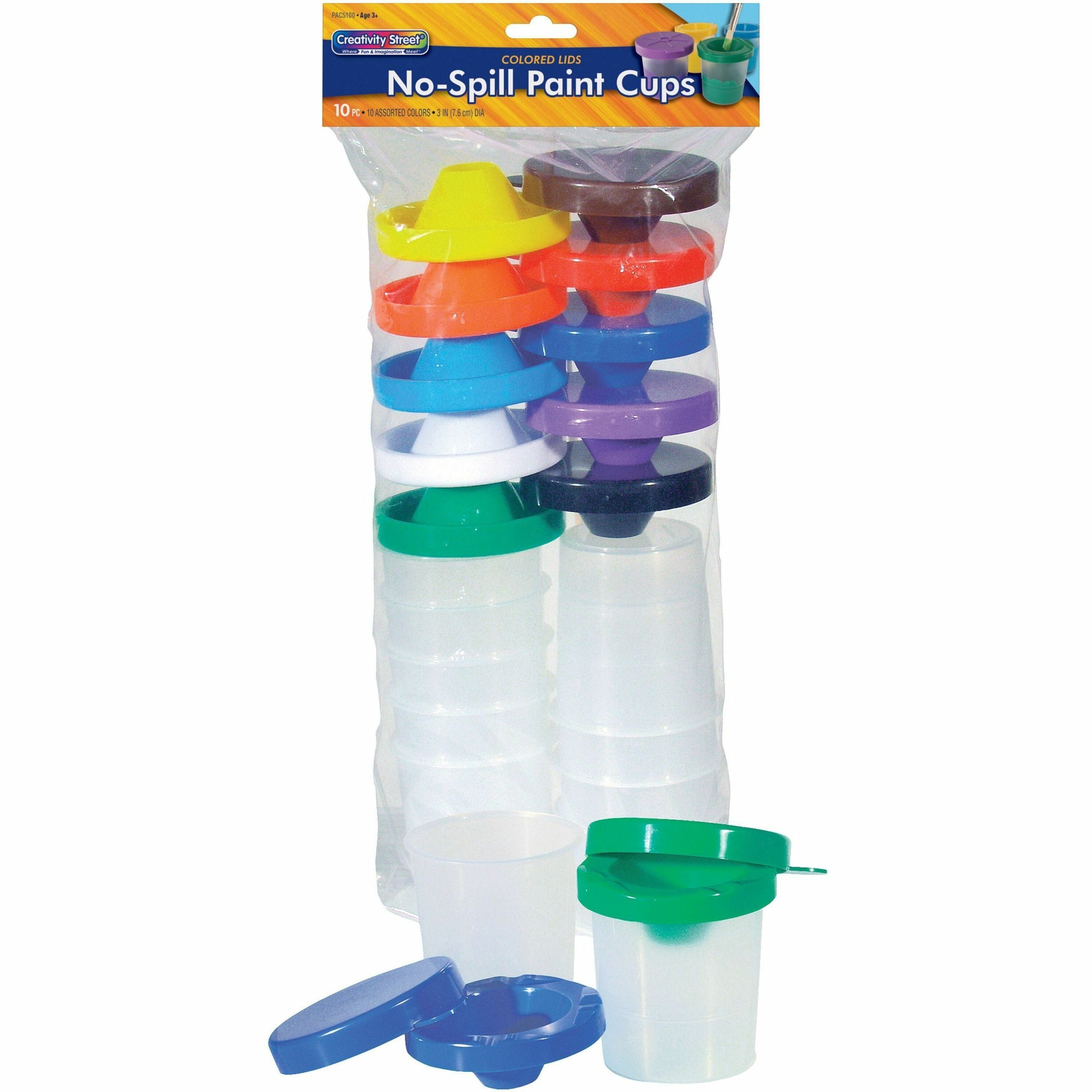 No-Spill Paint Cups, Assorted Color Lids/Cear Cups, 10/Set