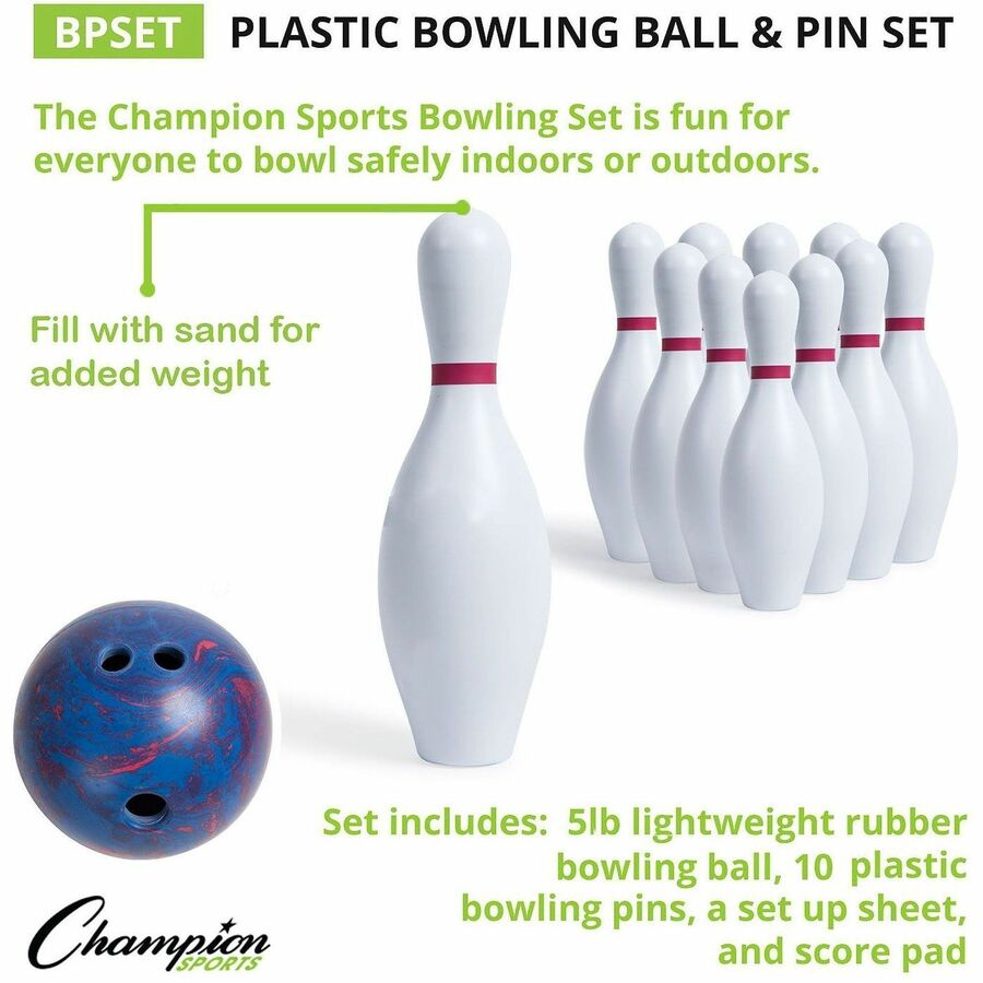 Bowling Set, Plastic/Rubber, White, 10 Bowling Pins, 1 Bowling Ball