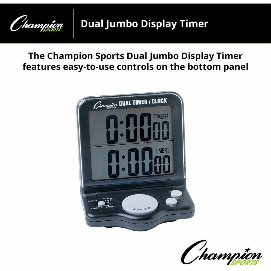 Dual Timer/Clock with Jumbo Display, LCD, 3.5 x 1 x 4.5, Black