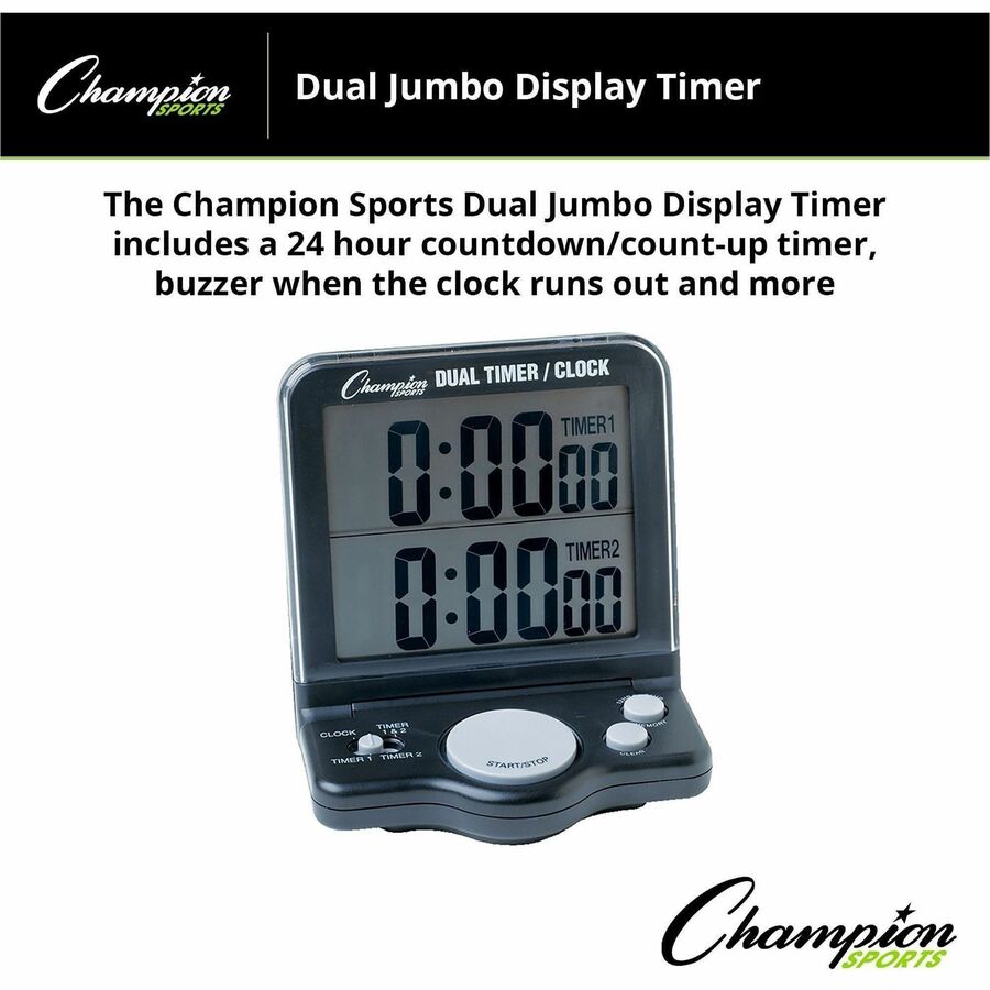 Dual Timer/Clock with Jumbo Display, LCD, 3.5 x 1 x 4.5, Black