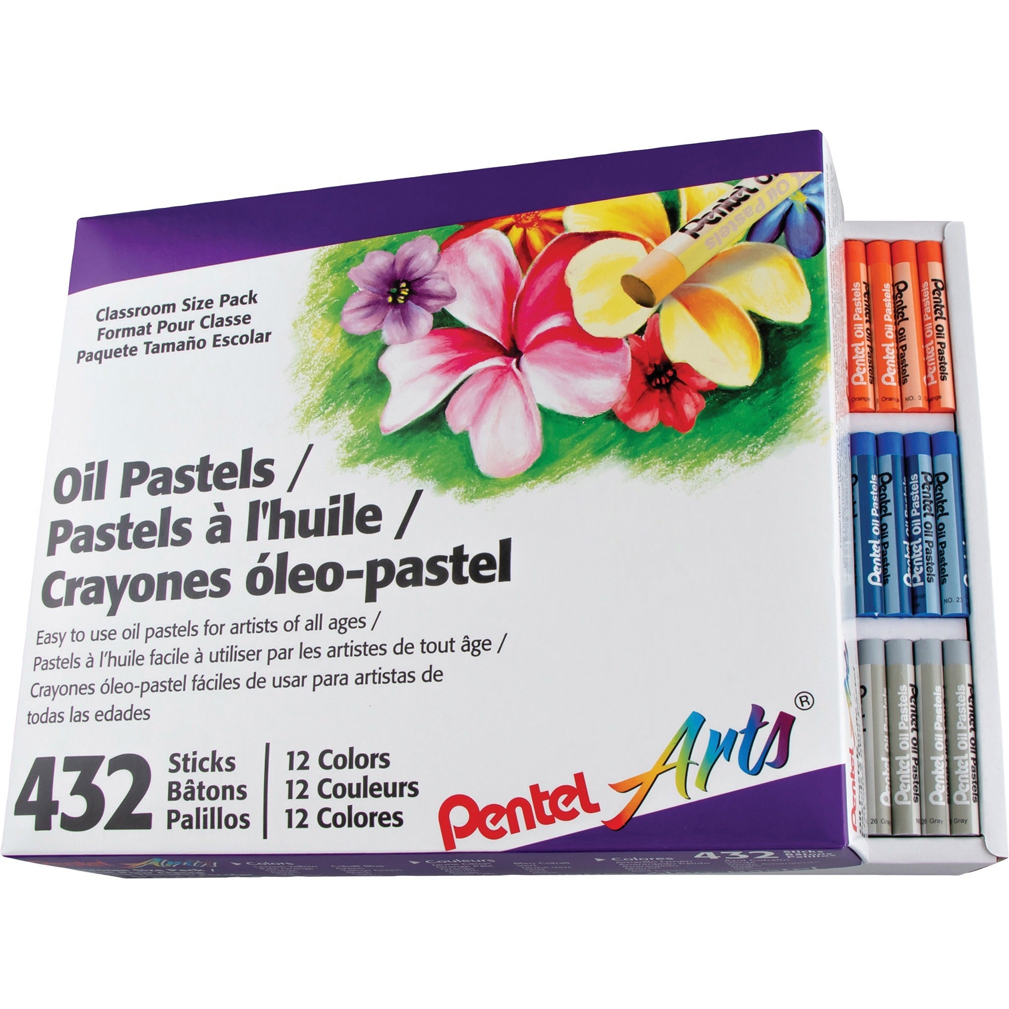 Pentel Arts Pentel Arts Oil Pastels - 2.4" Length - 0.4" Diameter - Black, Brown, Cobalt Blue, Gray, Green, Orange, White, Red, Pale Blue, Pale Orange, Lime Yellow, ... - 432 / Box - 