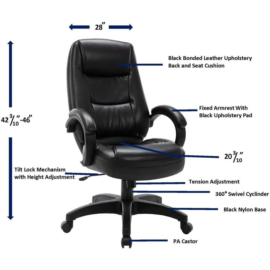 Lorell Westlake Series Executive High-Back Chair - Black Leather Seat - Black Polyurethane Frame - High Back - Black - 1 Each - 