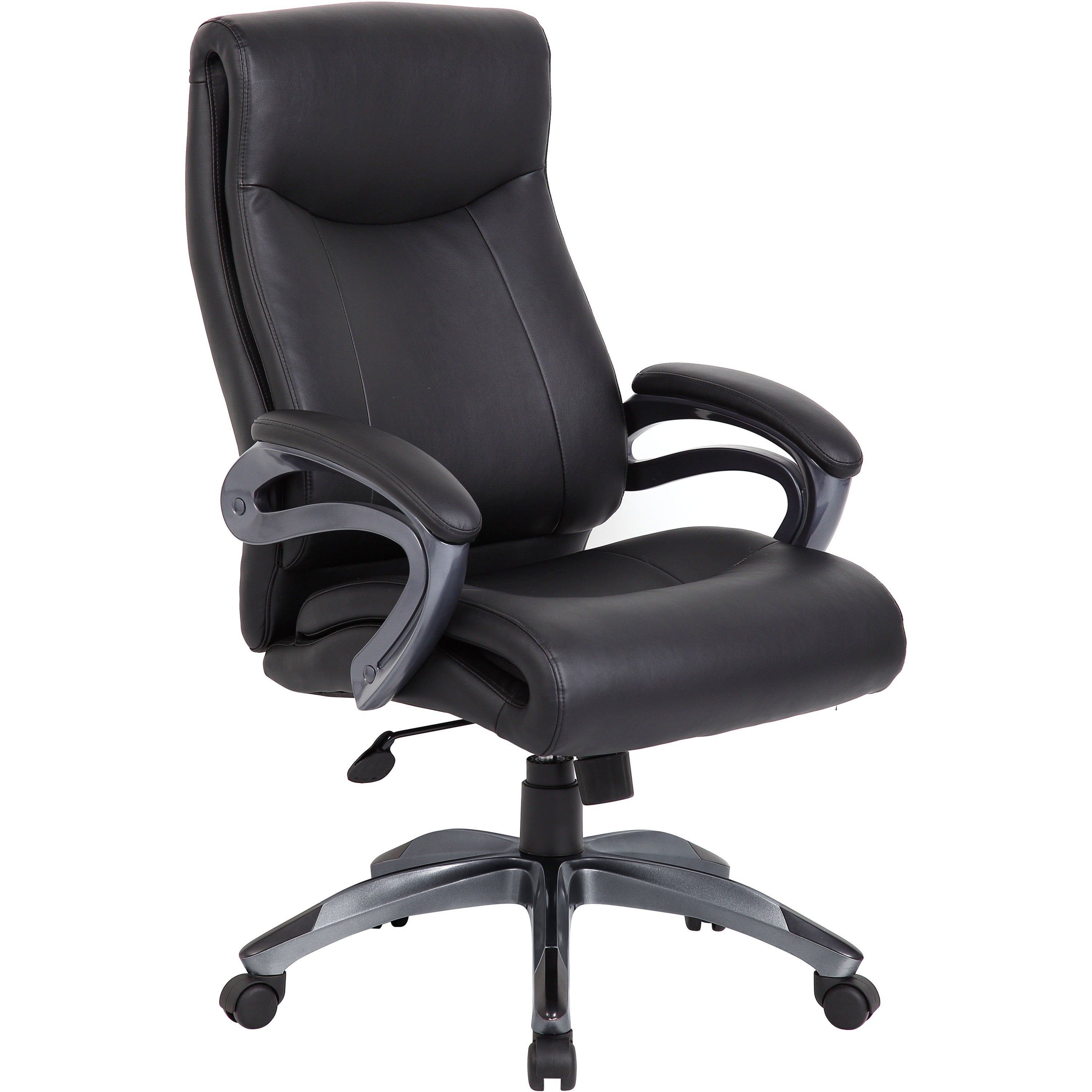 Lorell Executive High-Back Chair with Gun Metal Base - Black Leather Seat - 5-star Base - 1 Each - 