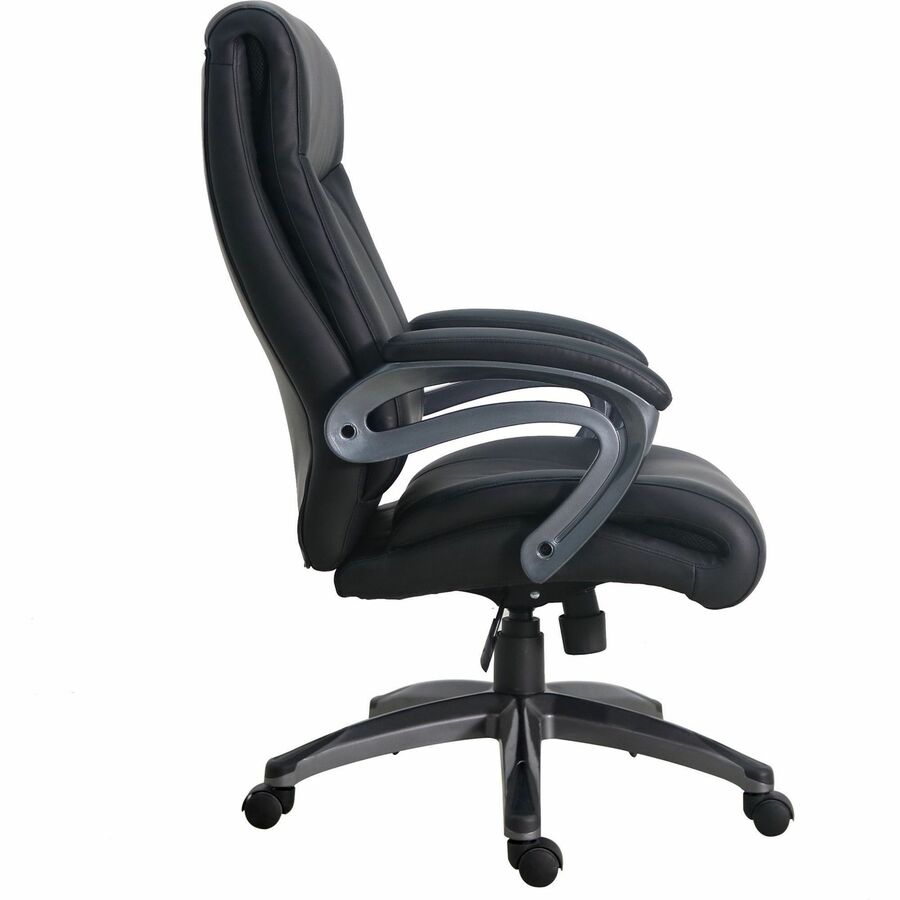 Lorell Executive High-Back Chair with Gun Metal Base - Black Leather Seat - 5-star Base - 1 Each