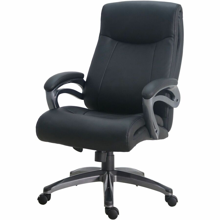Lorell Executive High-Back Chair with Gun Metal Base - Black Leather Seat - 5-star Base - 1 Each