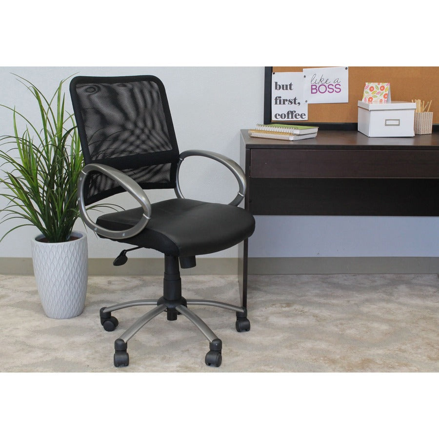 Lorell Mesh Mid-Back Task Chair - Black Leather Seat - 5-star Base - Black - 1 Each - 