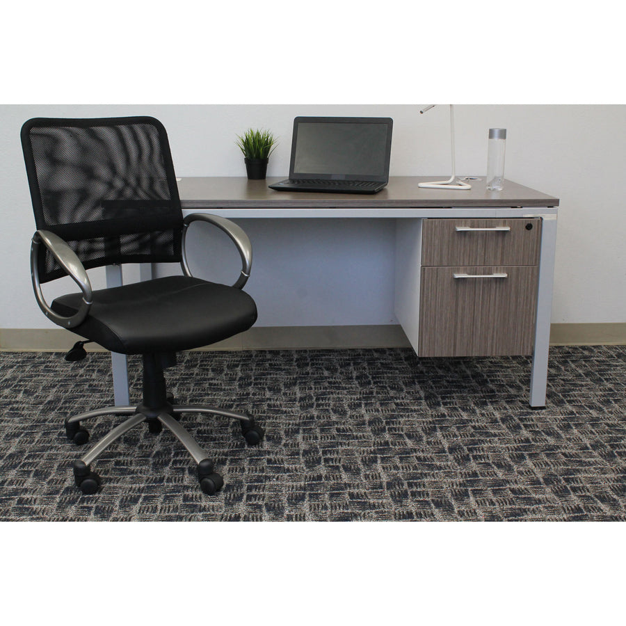 Lorell Mesh Mid-Back Task Chair - Black Leather Seat - 5-star Base - Black - 1 Each - 