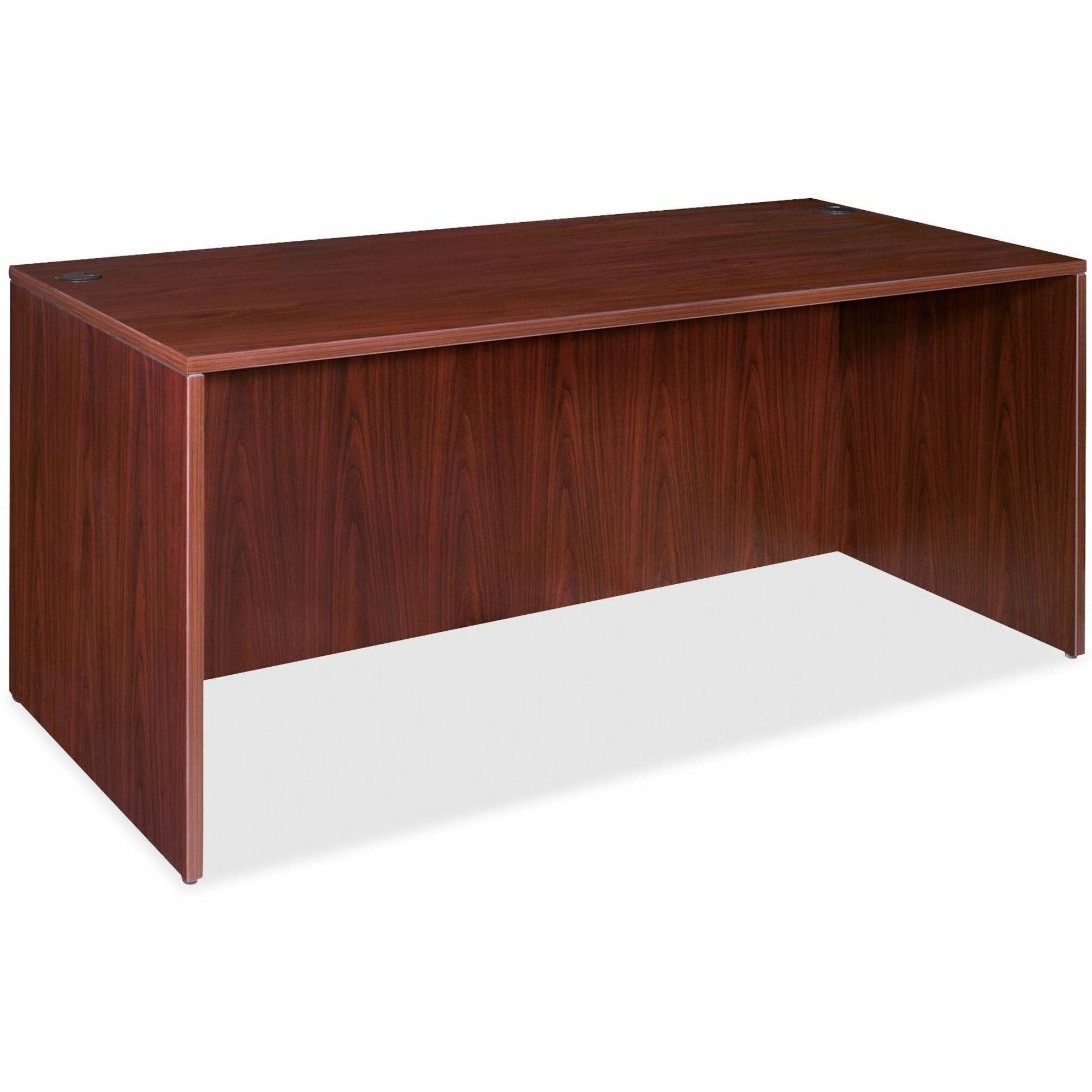 Lorell Essentials Series Rectangular Desk Shell - 66.1" x 29.5" x 1" x 29.5" - Finish: Laminate, Mahogany - Grommet, Modesty Panel, Durable, Adjustable Feet - 