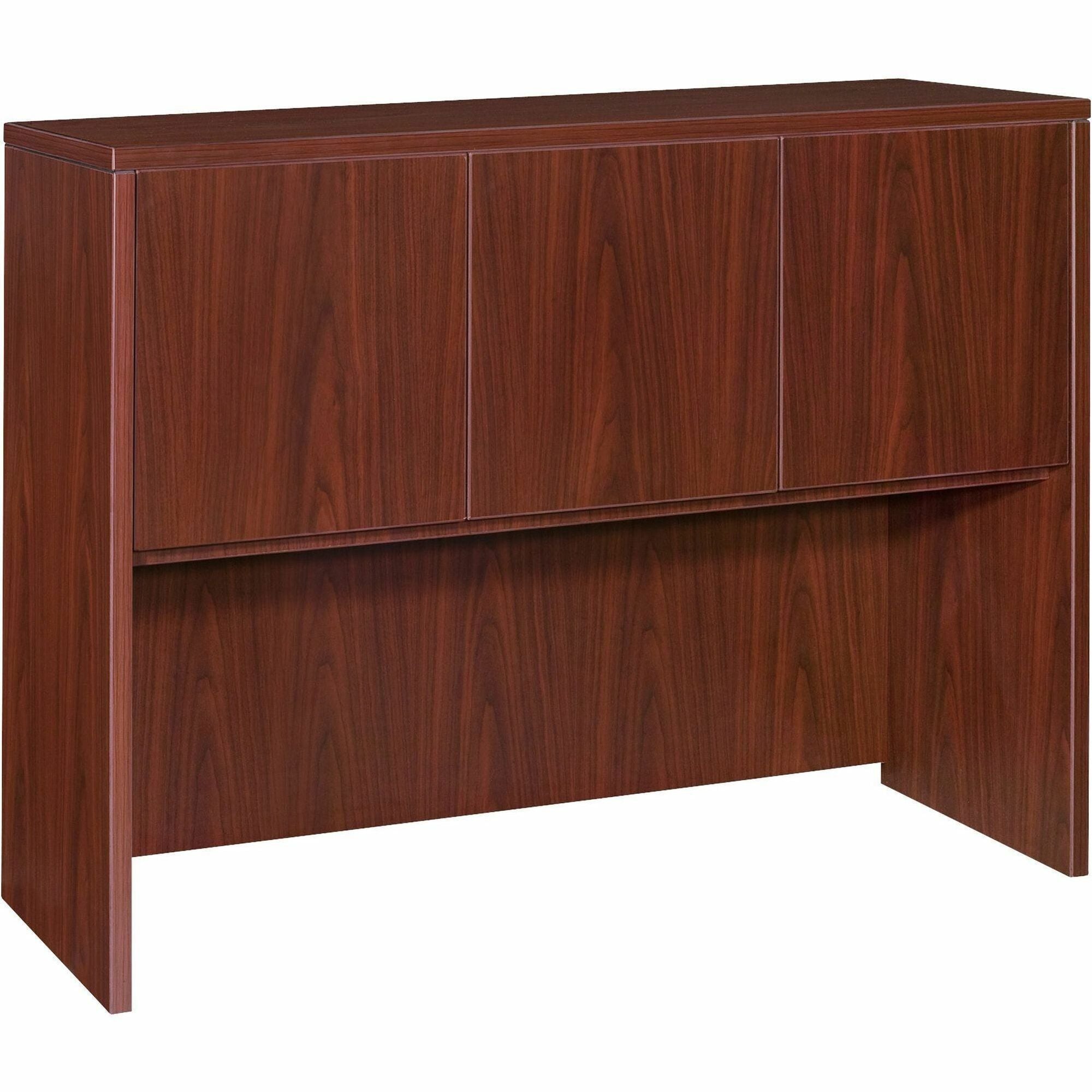 Lorell Essentials Series Stack-on Hutch with Doors - 47.3" x 14.8" x 36" - 3 Door(s) - Finish: Laminate, Mahogany - Grommet, Cord Management, Durable
