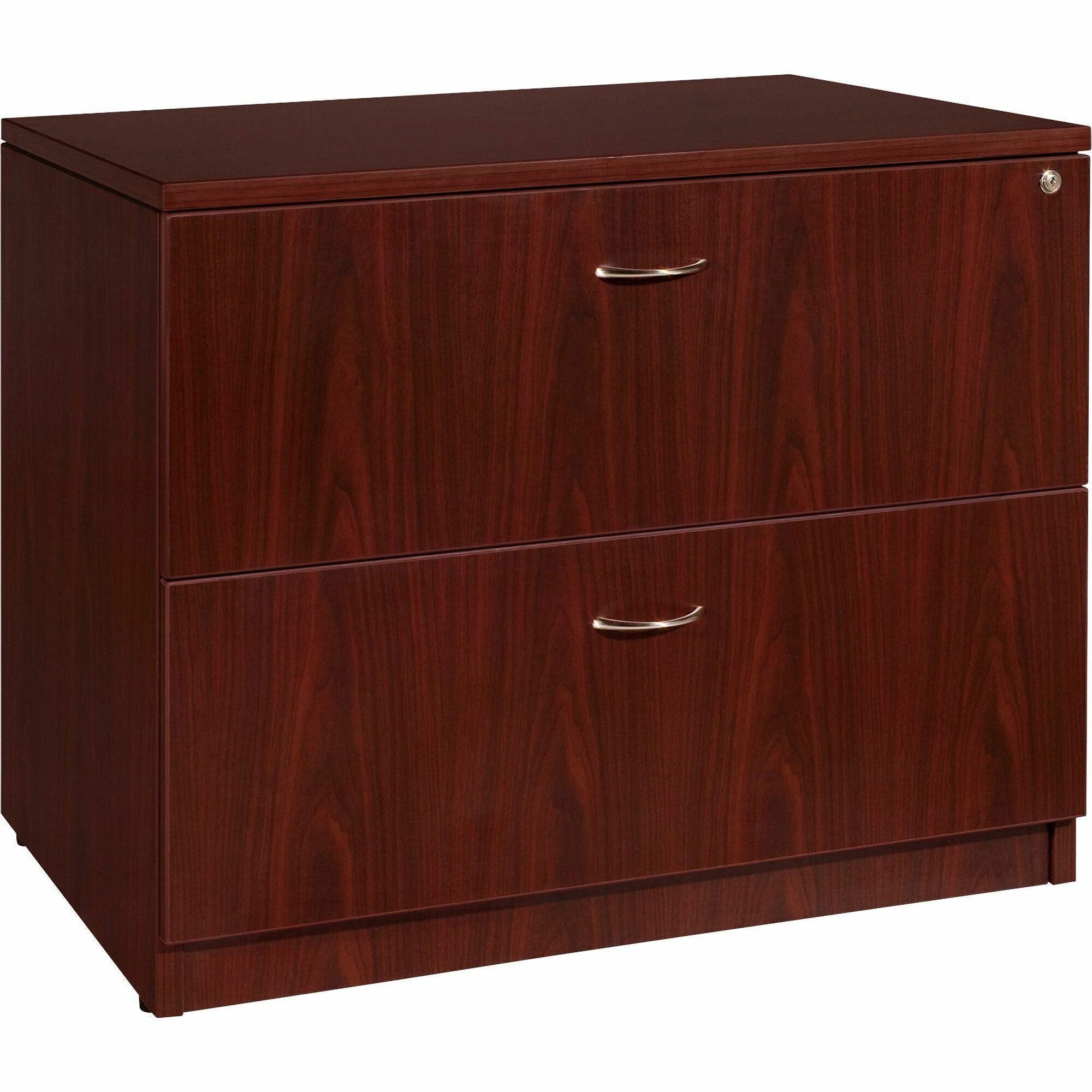 Lorell Essentials Series Lateral File - 35.5" x 22" x 1" x 29.5" - 2 x File Drawer(s) - Finish: Laminate, Mahogany - Lockable Drawer, Leveling Glide, Durable, Ball-bearing Suspension, Lockable Drawer - 