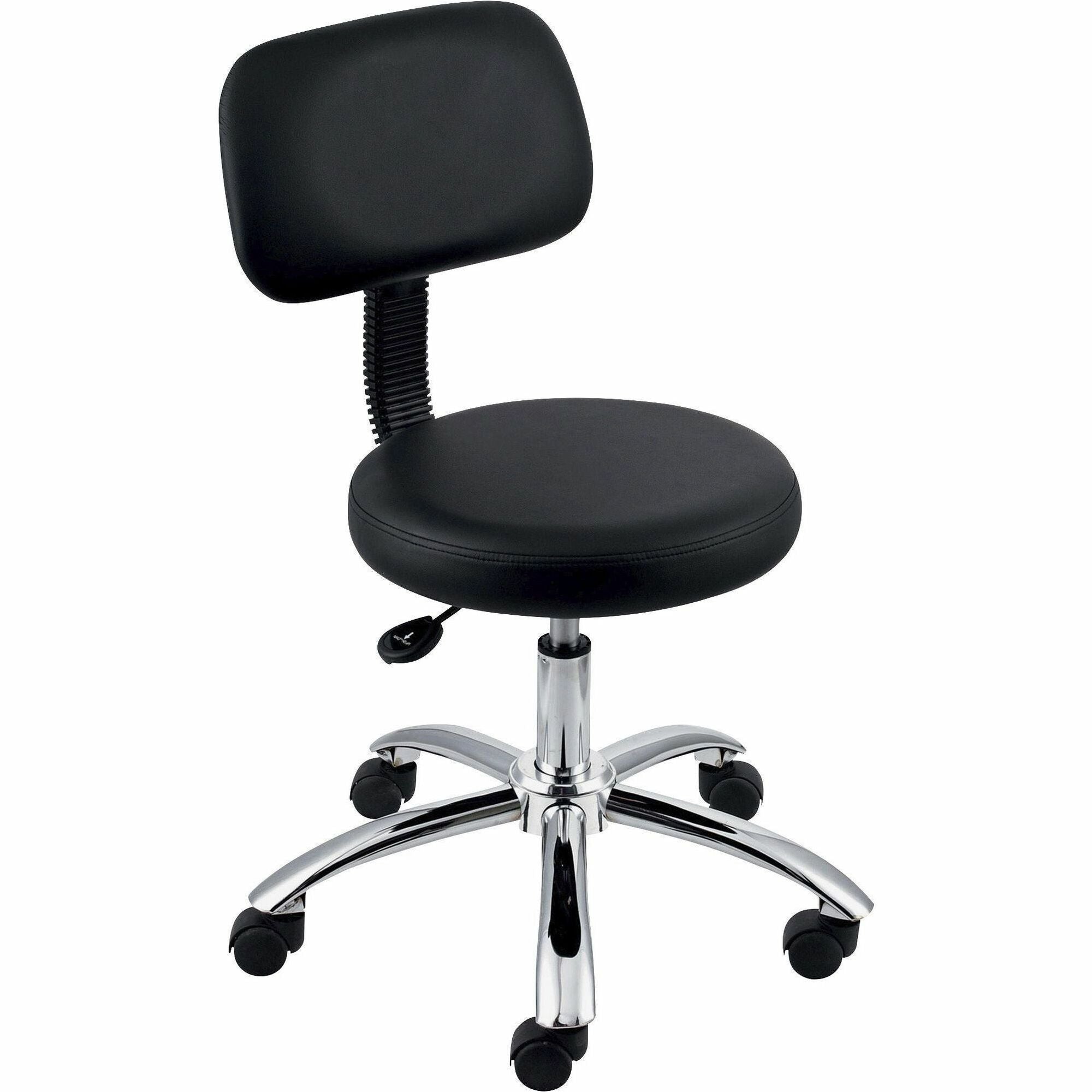 Lorell 16" Round Seat Pneumatic-Lift Stool with Back - Vinyl Seat - 5-star Base - Black - 1 Each - 