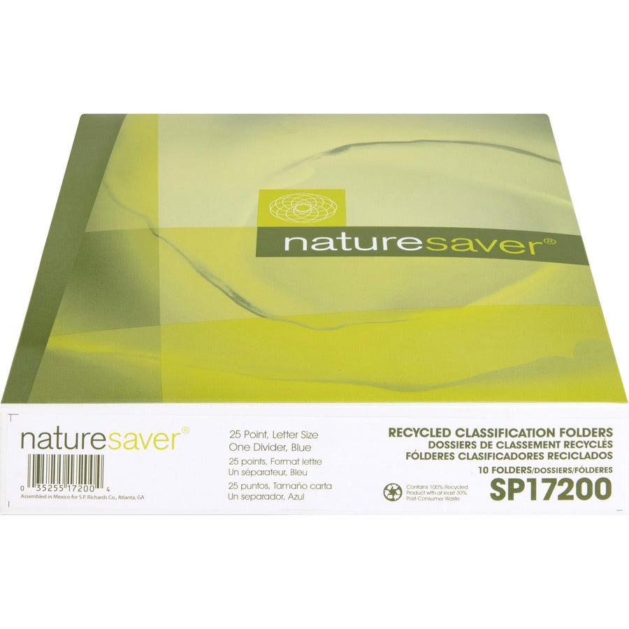 Nature Saver 1/3 Tab Cut Letter Recycled Classification Folder - 8 1/2" x 11" - 2" Fastener Capacity for Folder - Top Tab Location - 1 Divider(s) - Blue - 100% Recycled - 10 / Box
