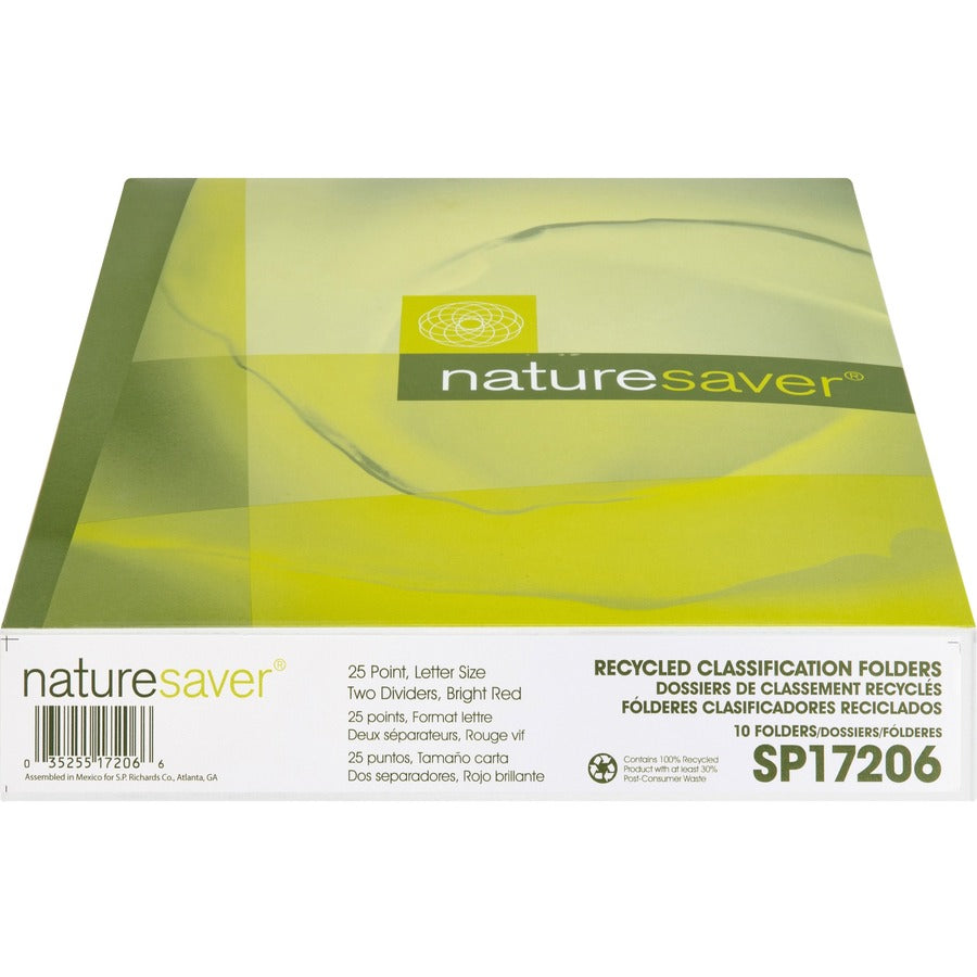 Nature Saver Letter Recycled Classification Folder - 8 1/2" x 11" - 2" Fastener Capacity for Folder - 2 Divider(s) - Red - 100% Recycled - 10 / Box