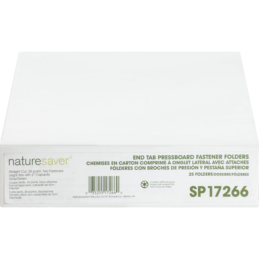 Nature Saver Legal Recycled End Tab File Folder - 8 1/2" x 14" - 2" Expansion - 2" Fastener Capacity for Folder - Pressboard - Gray/Green - 100% Recycled - 25 / Box - 