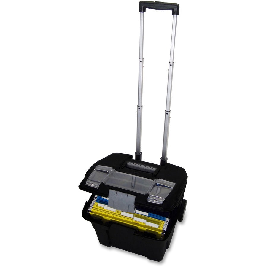 Premium Mobile File Transport Box with Telescoping Handle and Organizer Tray, Letter Files, 15" x 16.38" x 14.25", Black/Gray