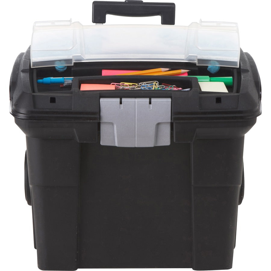 Premium Mobile File Transport Box with Telescoping Handle and Organizer Tray, Letter Files, 15" x 16.38" x 14.25", Black/Gray