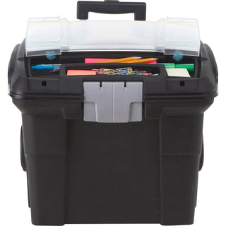 Premium Mobile File Transport Box with Telescoping Handle and Organizer Tray, Letter Files, 15" x 16.38" x 14.25", Black/Gray