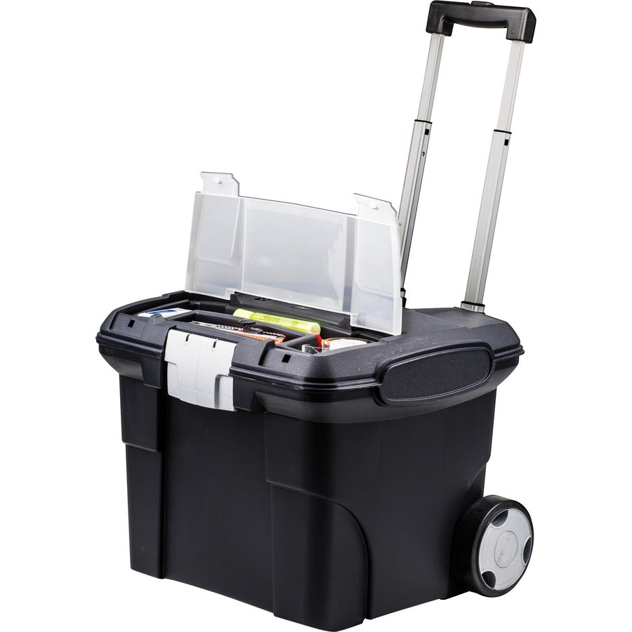 Premium Mobile File Transport Box with Telescoping Handle and Organizer Tray, Letter Files, 15" x 16.38" x 14.25", Black/Gray