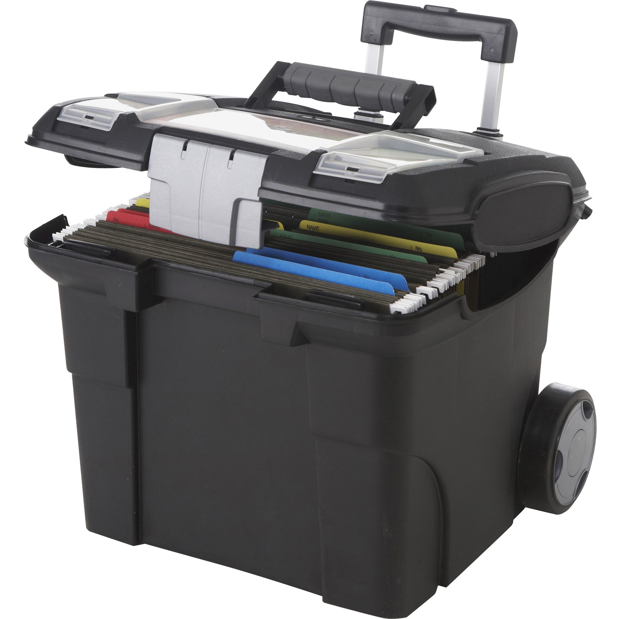 Premium Mobile File Transport Box with Telescoping Handle and Organizer Tray, Letter Files, 15" x 16.38" x 14.25", Black/Gray