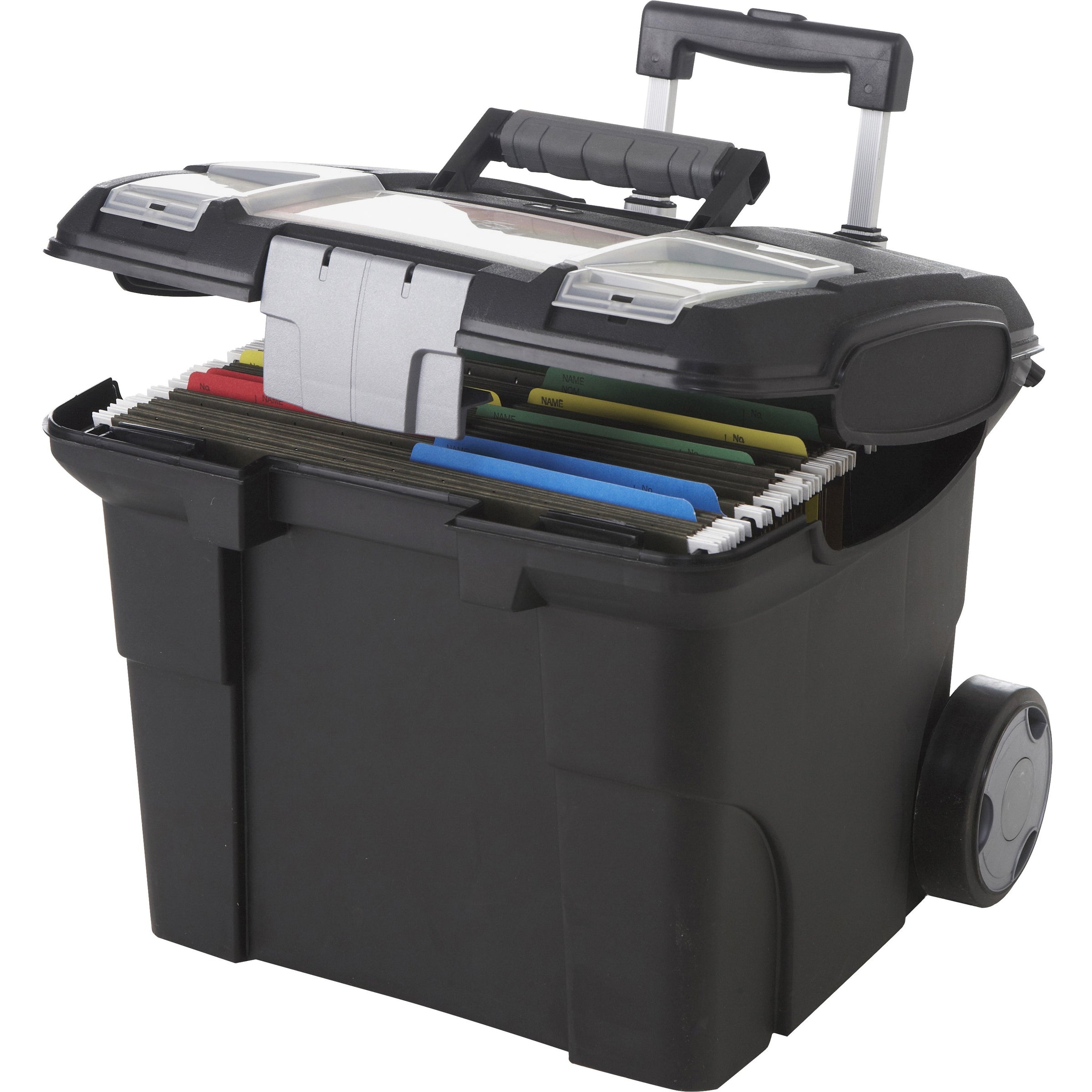 Premium Mobile File Transport Box with Telescoping Handle and Organizer Tray, Letter Files, 15" x 16.38" x 14.25", Black/Gray