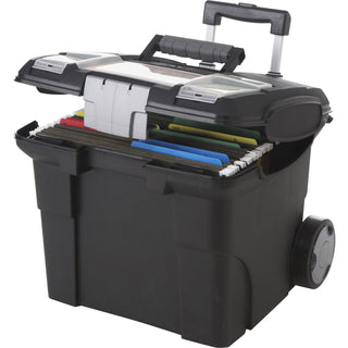 Premium Mobile File Transport Box with Telescoping Handle and Organizer Tray, Letter Files, 15" x 16.38" x 14.25", Black/Gray