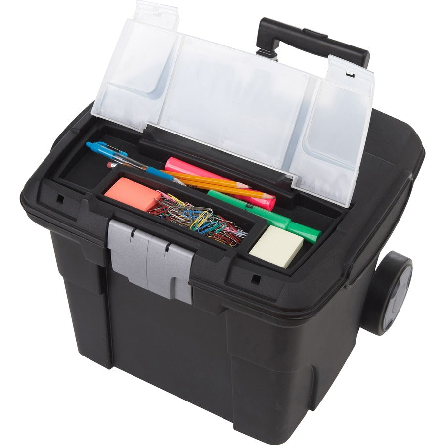 Premium Mobile File Transport Box with Telescoping Handle and Organizer Tray, Letter Files, 15" x 16.38" x 14.25", Black/Gray