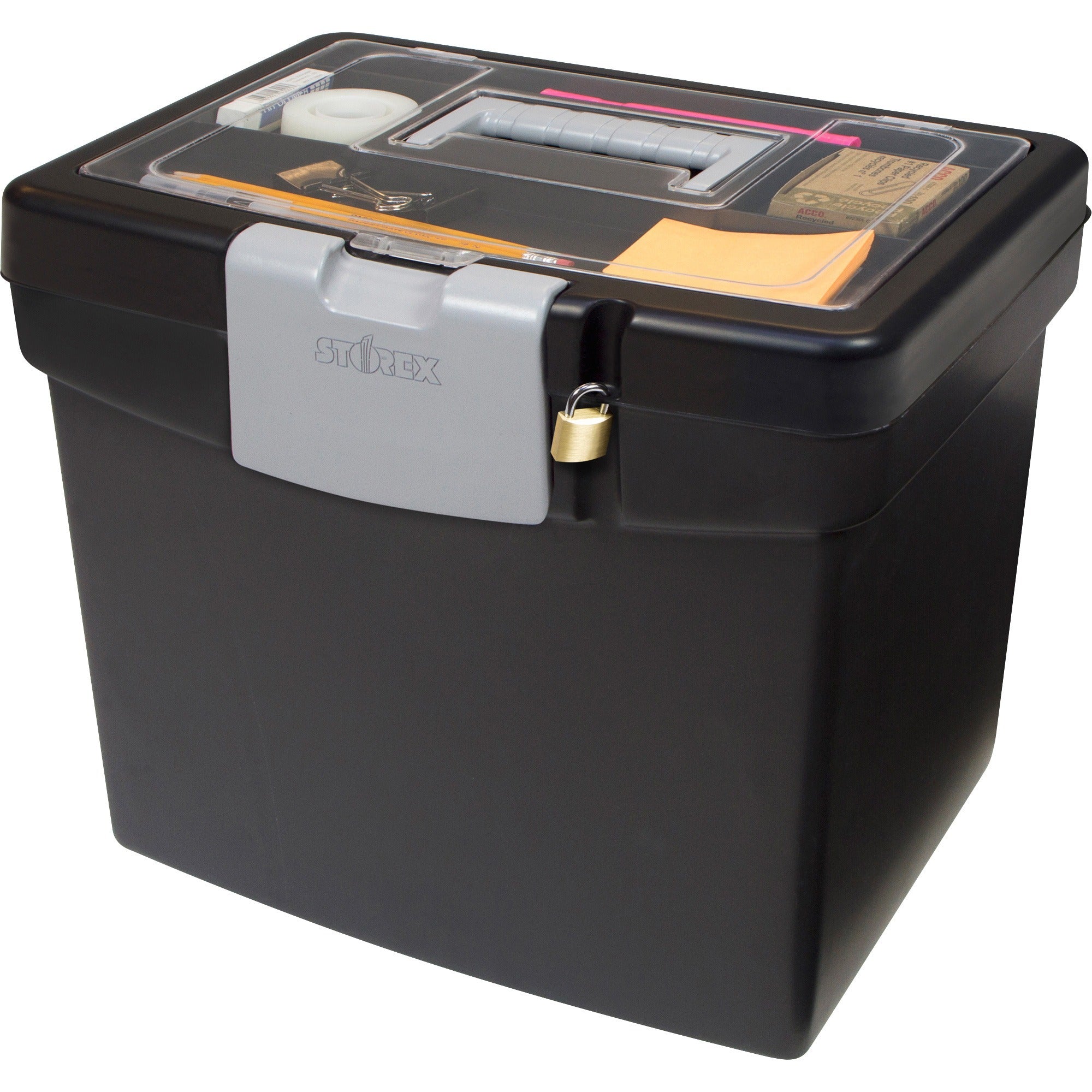 Storex Portable Storage Box - External Dimensions: 14.9" Length x 11" Width x 12.1"Height - Media Size Supported: Letter - Snap-tight Closure - Plastic - Black - For File - Recycled - 1 / Carton - 