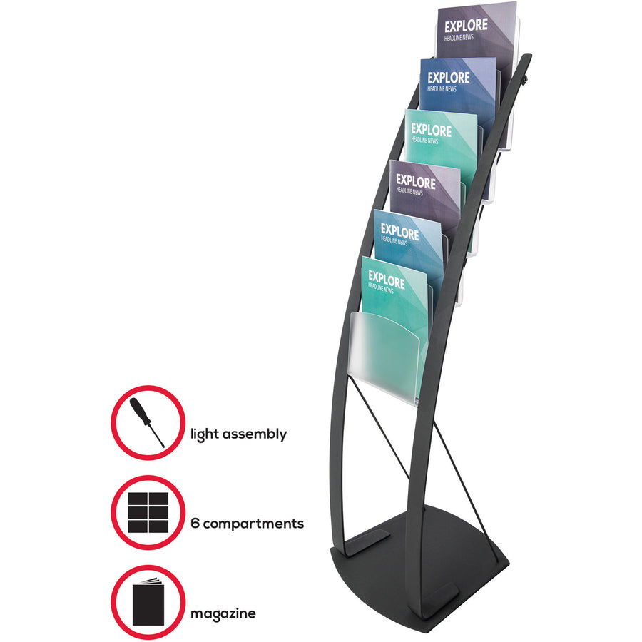 Deflecto Contemporary Floor Display - 6 Compartment(s) - Compartment Size 1.45" - 49" Height x 13" Width x 16.5" DepthFloor - Black - Metal - 1 Each