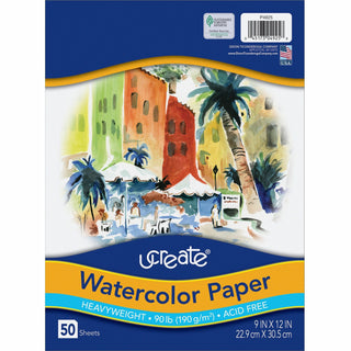 UCreate Watercolor Paper - 9" x 12" - 90 lb Basis Weight - Vellum - 50 / Pack - Sustainable Forestry Initiative (SFI) - Acid-free - White