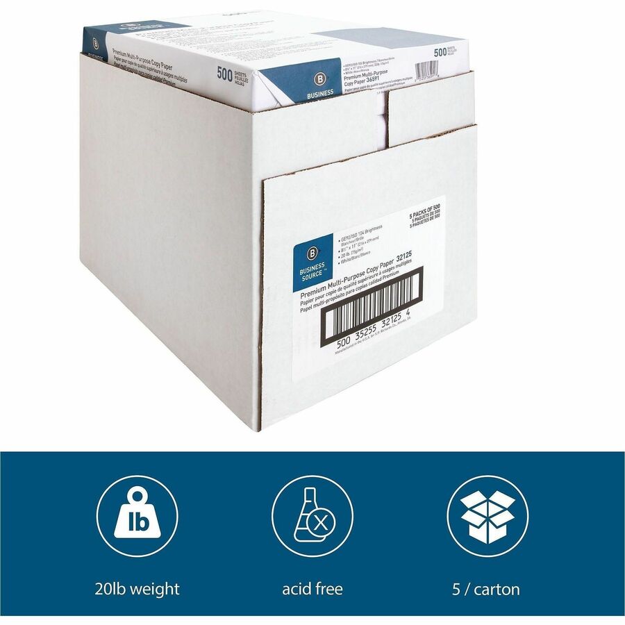 Business Source Premium Multipurpose Copy Paper - 92 Brightness - Letter - 8 1/2" x 11" - 20 lb Basis Weight - 5 / Carton - 2500 Sheets - 500 Sheets per Ream - 5 Ream per Case - Acid-free - White