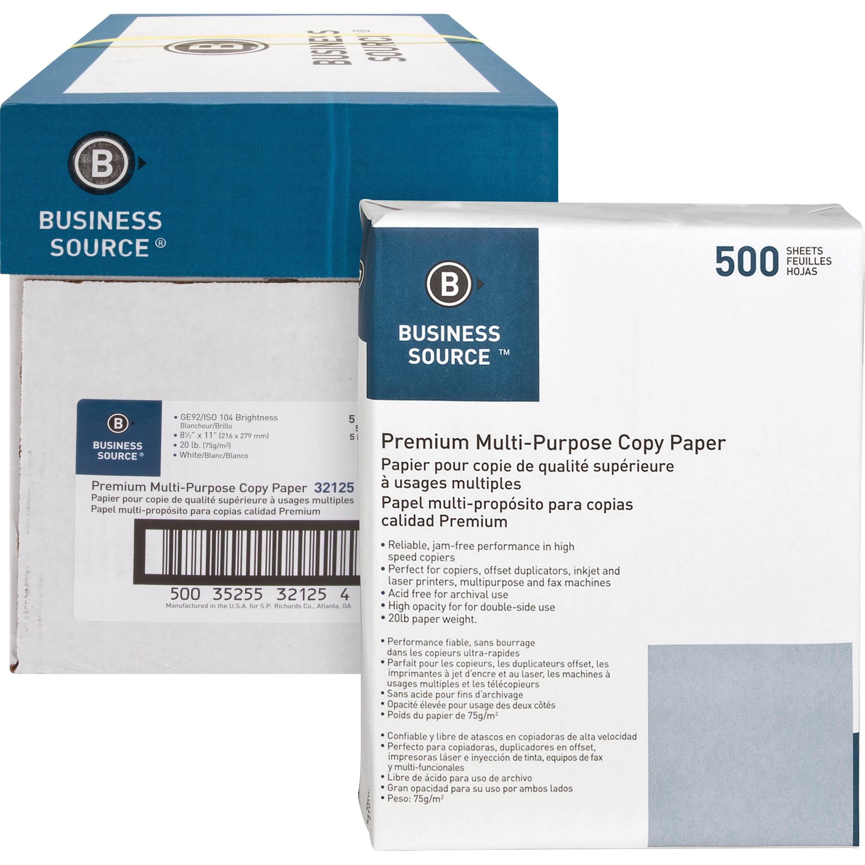 Business Source Premium Multipurpose Copy Paper - 92 Brightness - Letter - 8 1/2" x 11" - 20 lb Basis Weight - 5 / Carton - 2500 Sheets - 500 Sheets per Ream - 5 Ream per Case - Acid-free - White - 