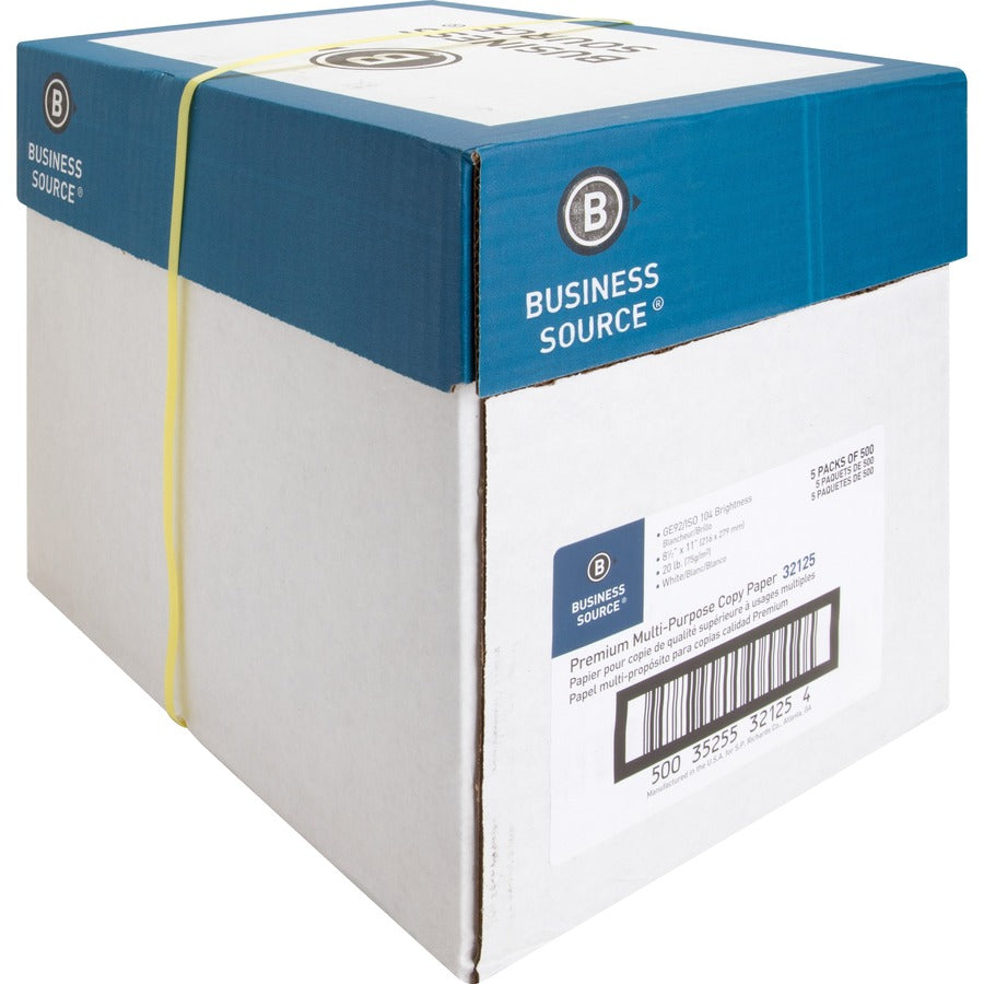 Business Source Premium Multipurpose Copy Paper - 92 Brightness - Letter - 8 1/2" x 11" - 20 lb Basis Weight - 5 / Carton - 2500 Sheets - 500 Sheets per Ream - 5 Ream per Case - Acid-free - White