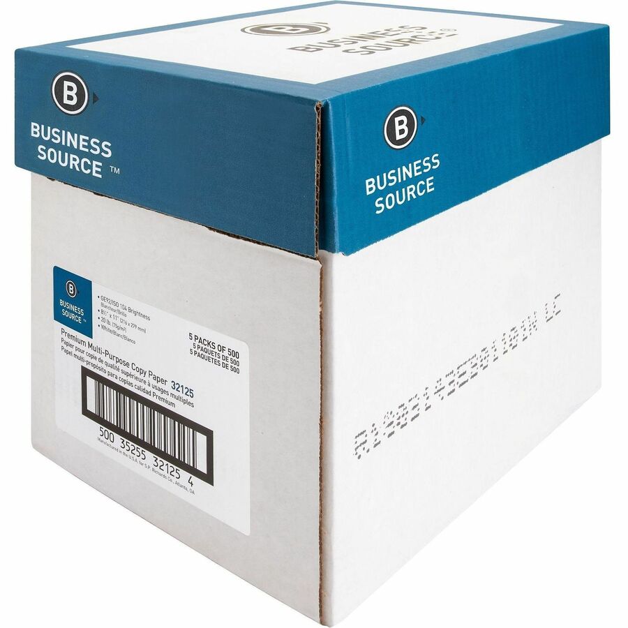 Business Source Premium Multipurpose Copy Paper - 92 Brightness - Letter - 8 1/2" x 11" - 20 lb Basis Weight - 5 / Carton - 2500 Sheets - 500 Sheets per Ream - 5 Ream per Case - Acid-free - White