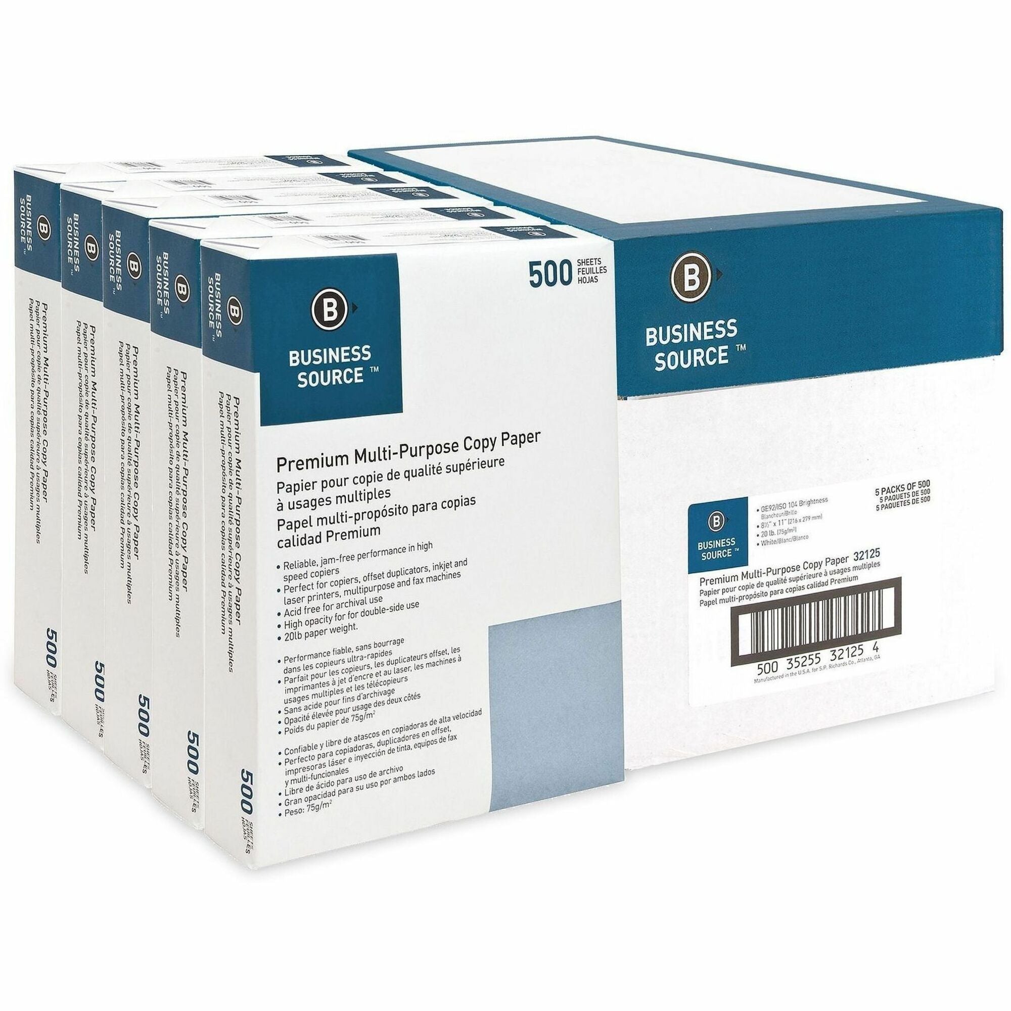 Business Source Premium Multipurpose Copy Paper - 92 Brightness - Letter - 8 1/2" x 11" - 20 lb Basis Weight - 5 / Carton - 2500 Sheets - 500 Sheets per Ream - 5 Ream per Case - Acid-free - White