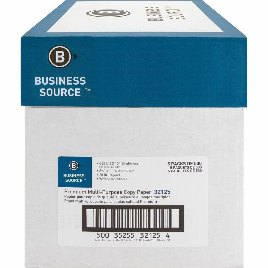 Business Source Premium Multipurpose Copy Paper - 92 Brightness - Letter - 8 1/2" x 11" - 20 lb Basis Weight - 5 / Carton - 2500 Sheets - 500 Sheets per Ream - 5 Ream per Case - Acid-free - White