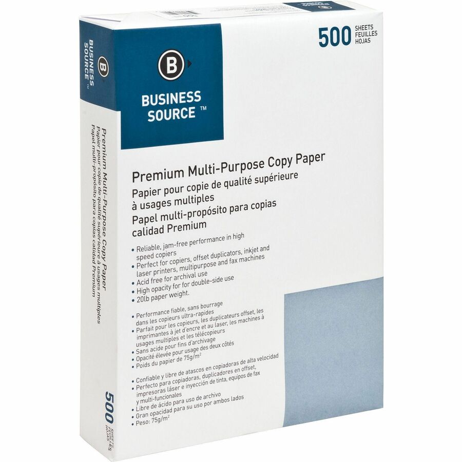 Business Source Premium Multipurpose Copy Paper - 92 Brightness - Letter - 8 1/2" x 11" - 20 lb Basis Weight - 5 / Carton - 2500 Sheets - 500 Sheets per Ream - 5 Ream per Case - Acid-free - White - 