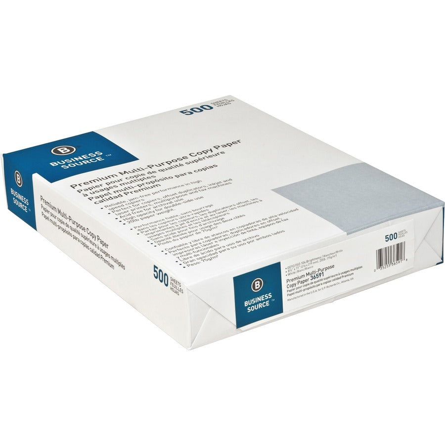 Business Source Premium Multipurpose Copy Paper - 92 Brightness - Letter - 8 1/2" x 11" - 20 lb Basis Weight - 200000 / Pallet - Acid-free - White