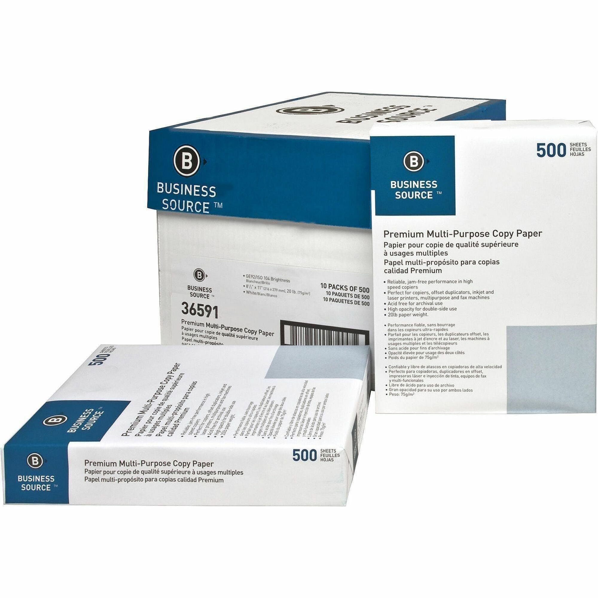 Business Source Premium Multipurpose Copy Paper - 92 Brightness - Letter - 8 1/2" x 11" - 20 lb Basis Weight - 200000 / Pallet - Acid-free - White