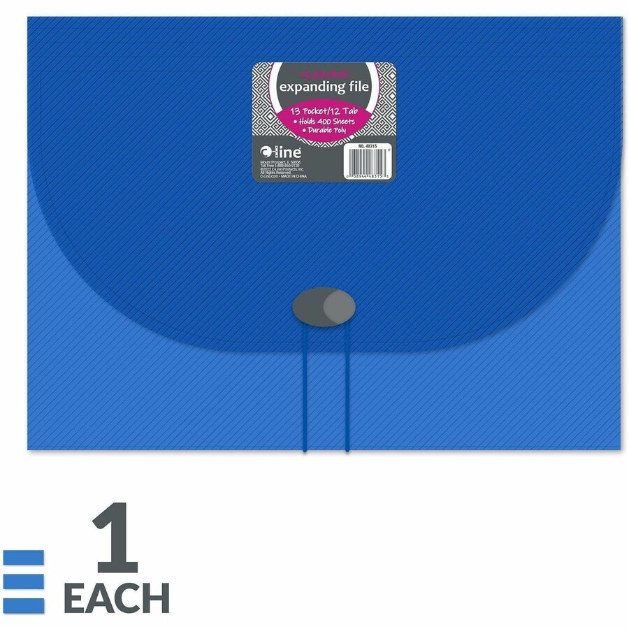 Expanding Files, 1.63" Expansion, 13 Sections, Cord/Hook Closure, 1/6-Cut Tabs, Letter Size, Blue